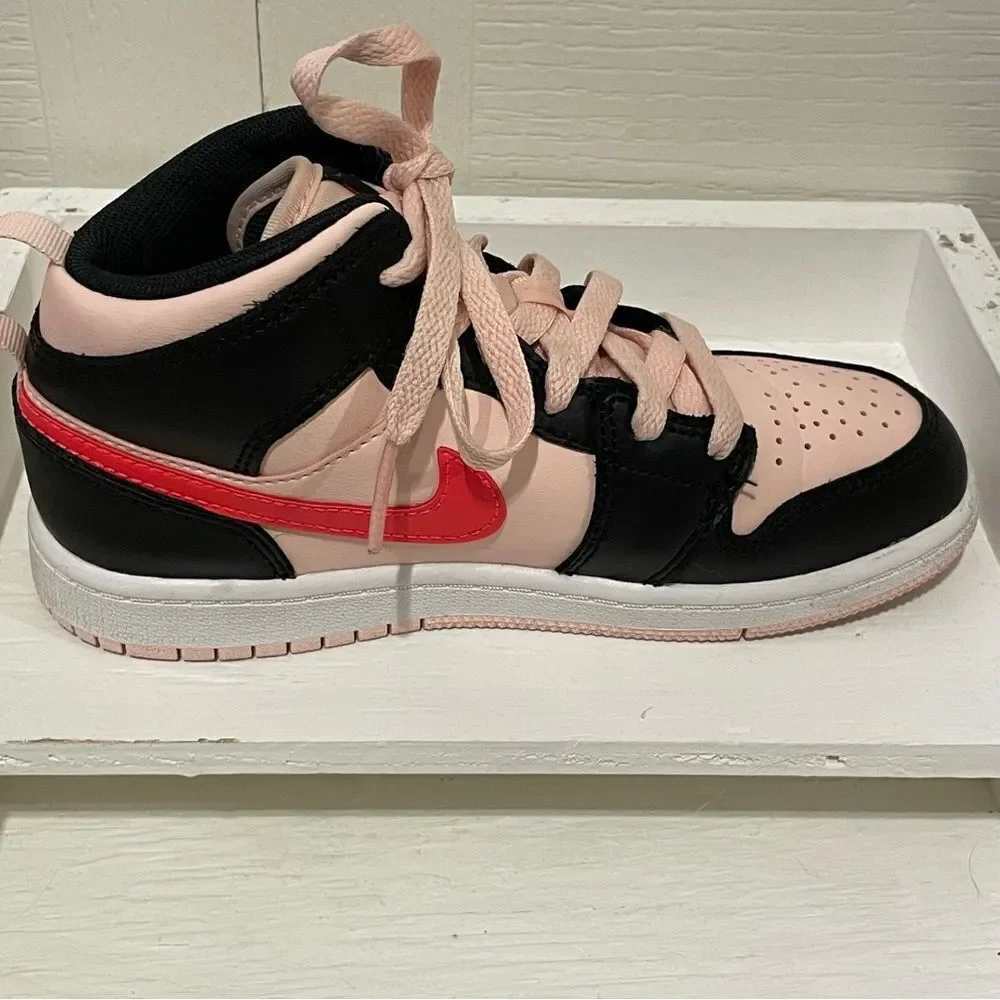 Nike Air Jordan 1 Mid GS Atmosphere Shoes Black Pink Crimson Kids 1Y